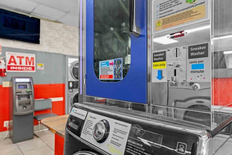 Close-up of a sneaker washing machine at 24/7 laundry near USC for specialized shoe cleaning